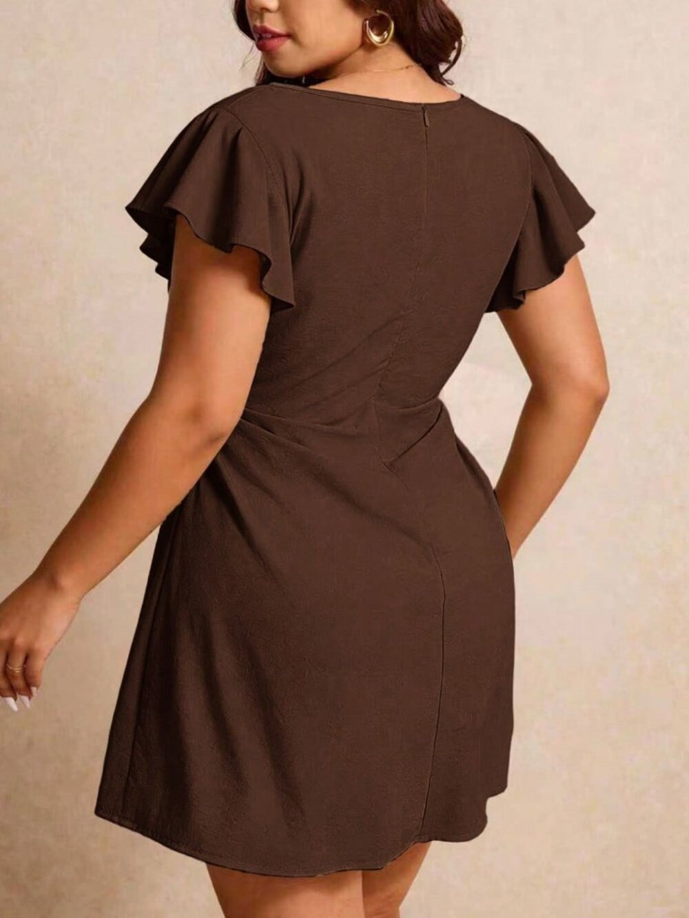 Coffee Brown Casual Women's Plus Size Short Ruffle Sleeve Dress - Picture 2 of 6